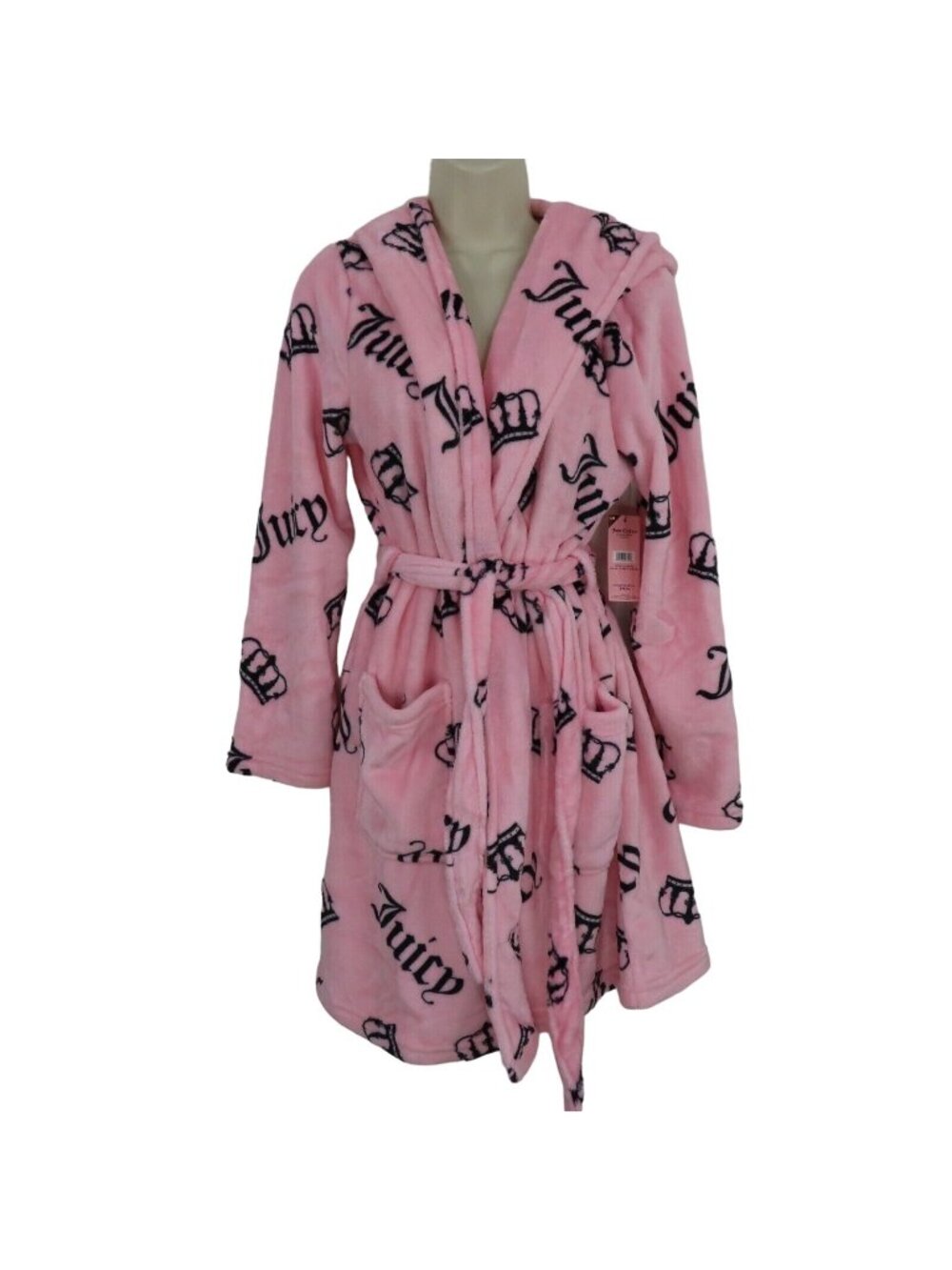 Juicy Couture Women S/M Pink Black Logo Crown Hooded Knee Length Robe NEW NWT